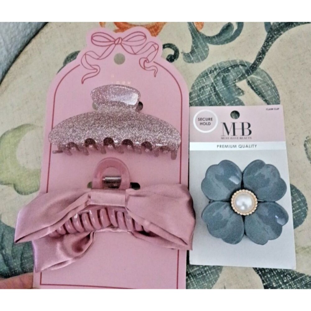 New Lot Of 3 Large Hair Clips Claw Nonslip Pink Bows Pink Glitter Gray Flower